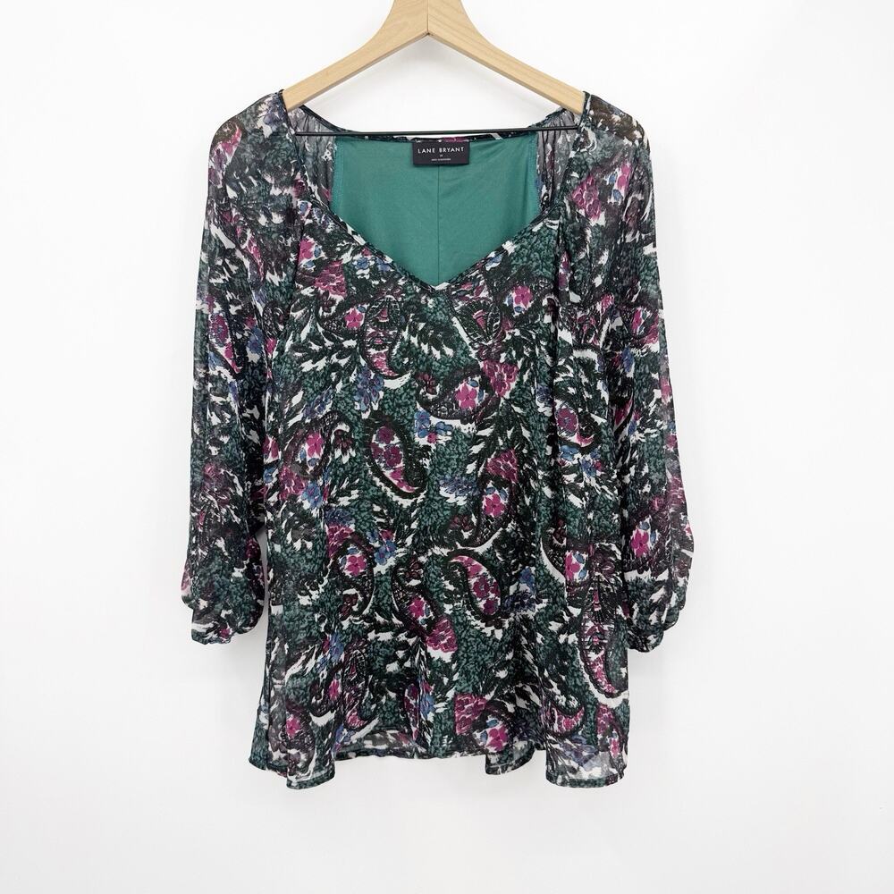 Lane Bryant Classic V Neck‎ Shimmer Blouse 16 Paisley Long Sleeve Lined Romantic